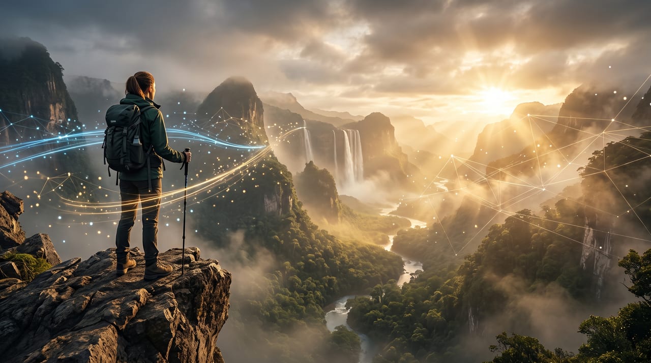 A hiker stands on a cliff edge above a misty jungle valley with waterfalls at sunrise, surrounded by glowing streams of light.