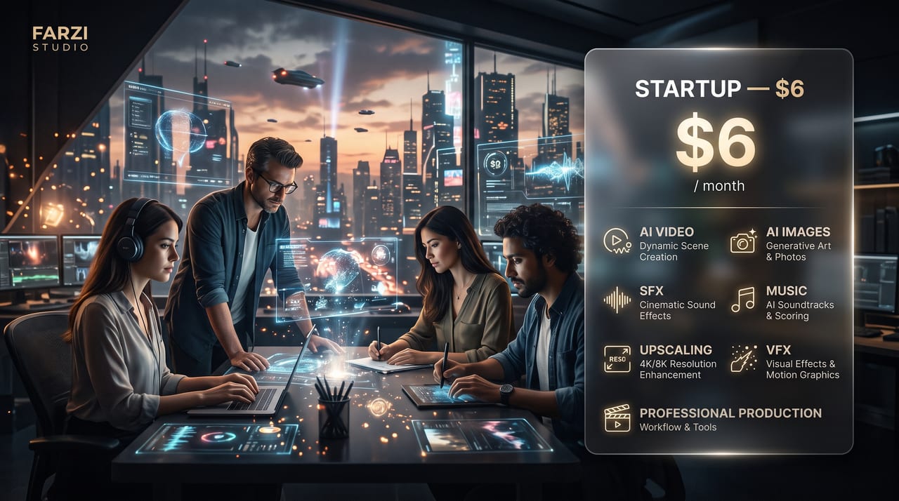 A creative team works with holographic screens in a studio overlooking a futuristic city; a panel lists a $6 per month plan with AI video, AI images, sound effects, music, upscaling, VFX and production tools.